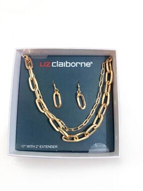 Liz Claiborne Gold Tone Layered Link Necklace with Matching Earrings